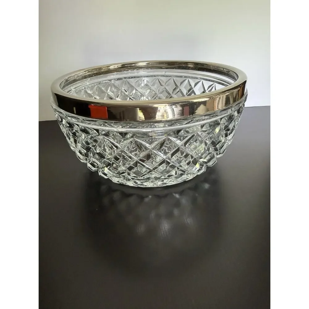 Vintage Raimond Crystal Silver Plated Rim Cut Glass Bowl 8 Inch Round Starburst
